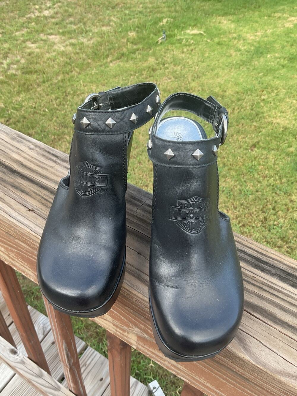 Harley Davidson Studded Ankle Strap Women 8 Shoes Black Leather Heel D83028